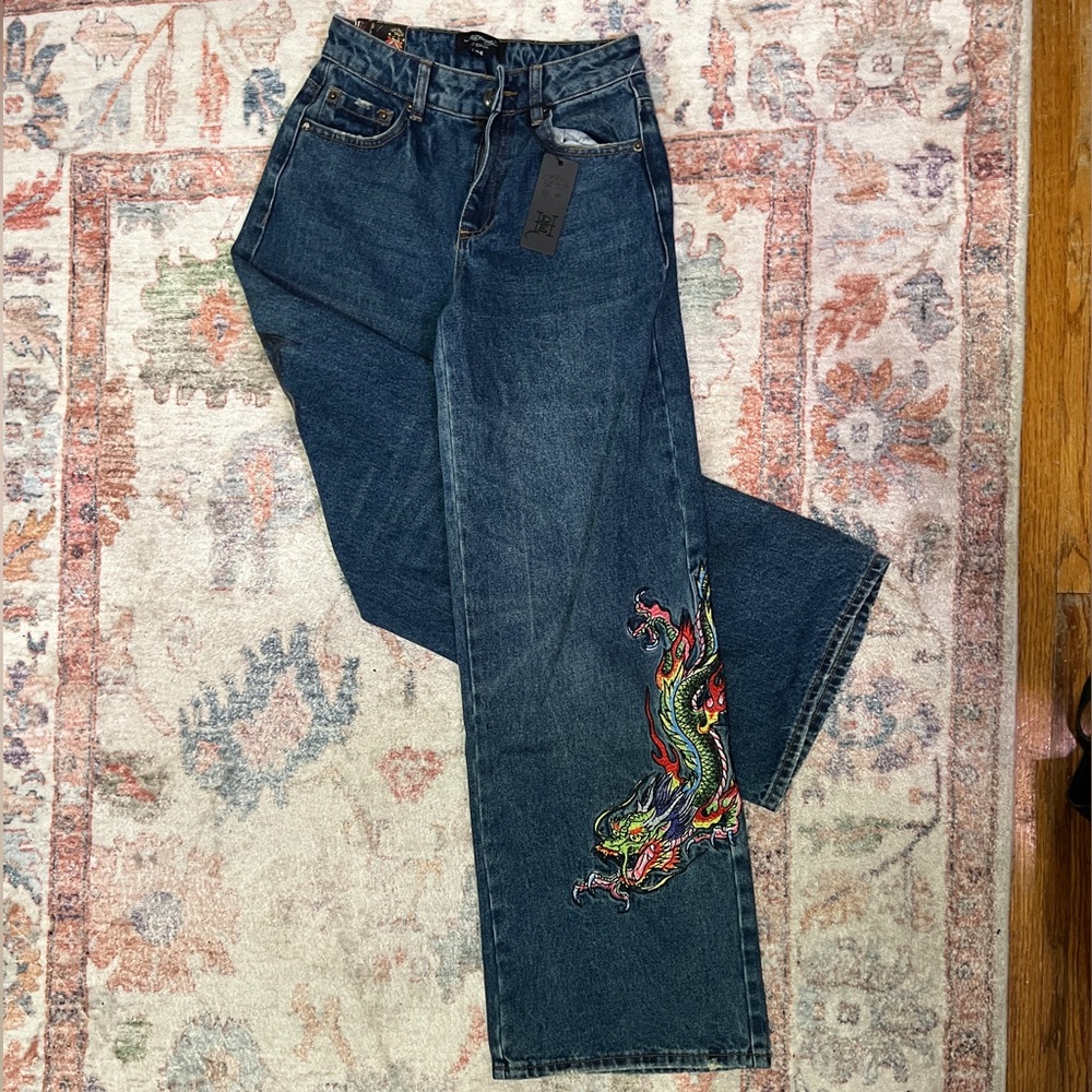 Ed Hardy Dark Blue Flare Jeans with Colorful Dragon Embroidery